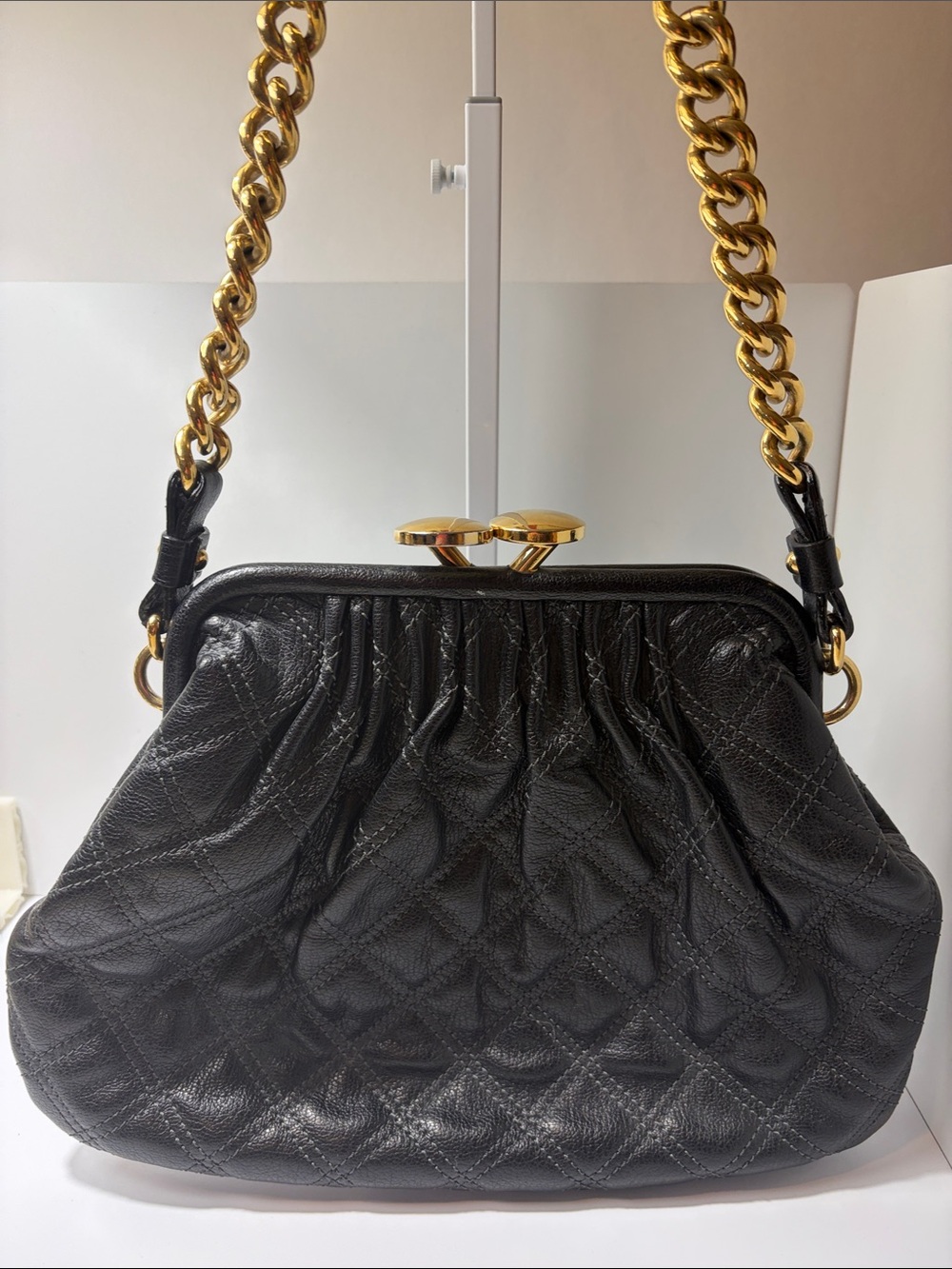 Vintage Marc Jacobs Black Quilted StamLeather Shoulder Bag with Gold Chain Strap